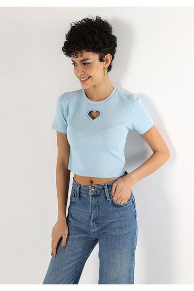 Colin's Slim Fit Round Neck Embroidered Women's Blue Short Sleeve T-Shirt