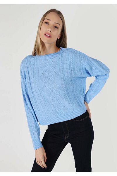Colin's Regular Fit Round Neck Jacquard Women's Blue Sweater