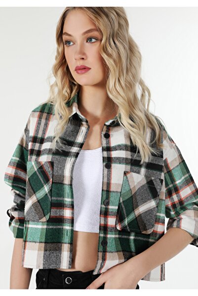 Colin's Regular Fit Shirt Neck Ekoseli Kadın Yeşil Uzun Kol Gömlek