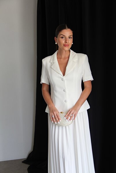 Julidress White Pleated Skirt Short Sleeve Jacket Bottom Top Premium Set