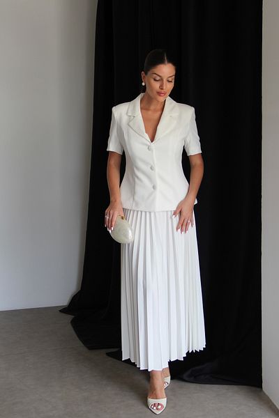 Julidress White Pleated Skirt Short Sleeve Jacket Bottom Top Premium Set