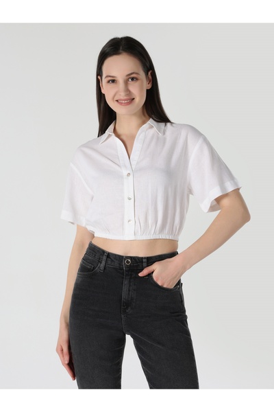 Colin's Regular Fit Shirt Neck Düz Kadın Beyaz Kısa Kol Gömlek
