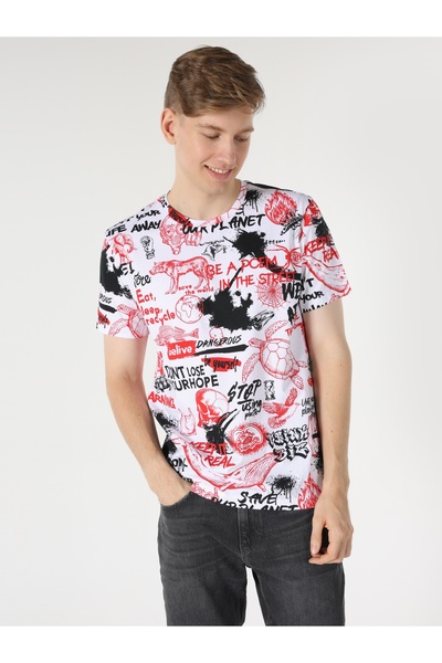Colin's Regular Fit Yuvarlak Yaka Baskılı Erkek Beyaz Kısa Kol Tişört