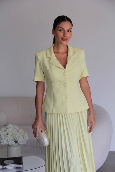 Julidress Yellow Pleated Skirt Short Sleeve Jacket Bottom Top Premium Set