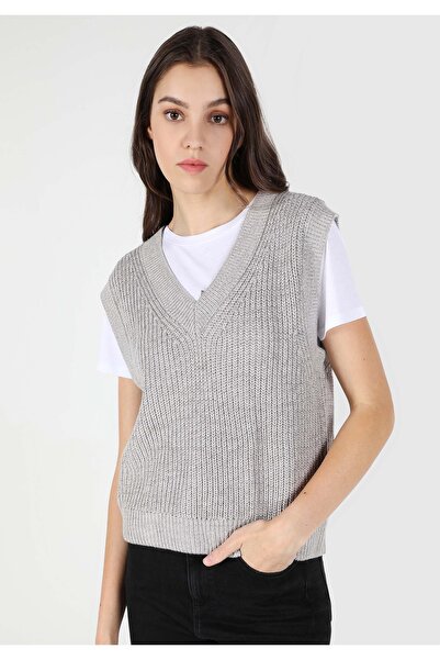 Colin's Regular Fit V Yaka Düz Kadın Gri Kazak