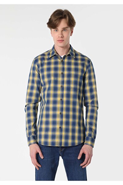 Colin's Slim Fit Shirt Neck Ekoseli Erkek Mavi Uzun Kol Gömlek