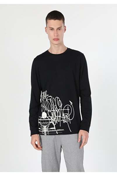 Colin's Мъжка черна тениска с дълъг ръкав и обло деколте, стандартна кройка