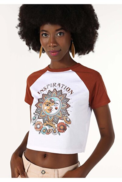 Colin's White Printed Crop T-Shirt - Slim Fit, Crew Neck, Short Sleeve