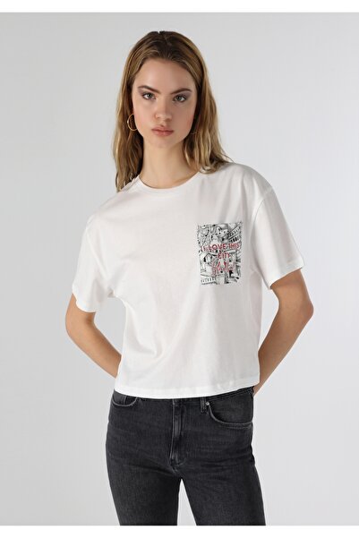 Colin's Regular Fit Yuvarlak Yaka Baskılı Kadın Beyaz Kısa Kol Tişört