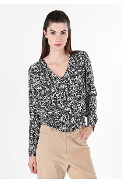 Colin's Regular Fit V Yaka Baskılı Kadın Lacivert Uzun Kol Gömlek