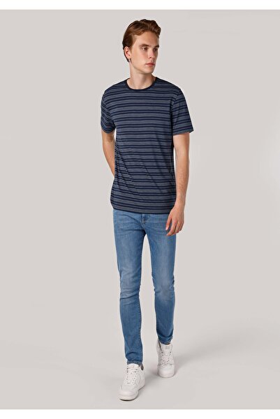 Colin's Regular Fit Yuvarlak Yaka Örme Çizgili Erkek Lacivert Kısa Kol Tişört