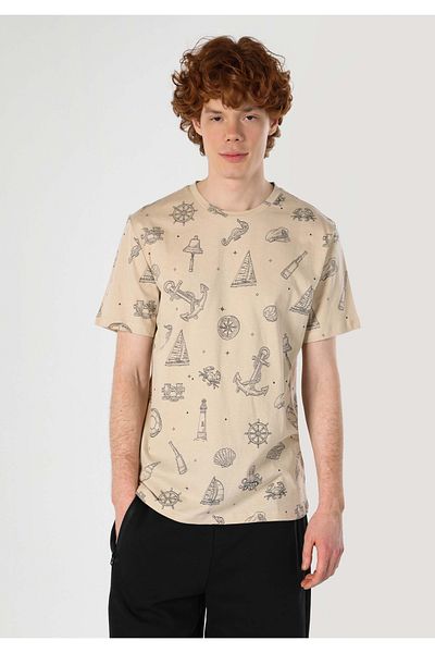 Colin's Regular Fit Round Neck Printed Men's Beige Short Sleeve T-Shirt