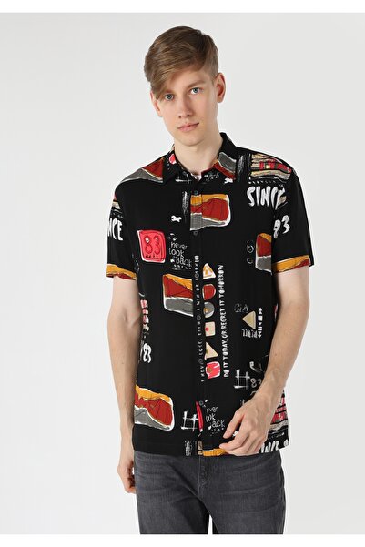 Colin's Regular Fit Viskoz Shirt Neck Baskılı Cepsiz Erkek Siyah Kısa Kol Gömlek
