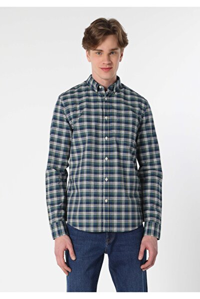 Colin's Slim Fit Shirt Neck Ekoseli Erkek Lacivert Uzun Kol Gömlek
