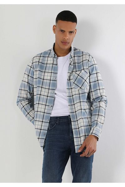 Colin's Blue Men's Long Sleeve Shirt - Regular Fit, Checkered Pocket Detail Cl 1061798