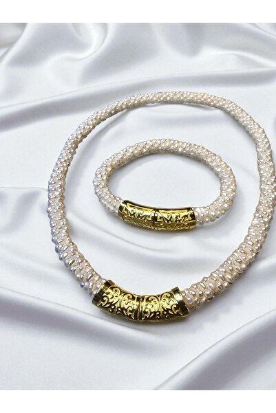 SERAY KUYUMCULUK GÜMÜŞ SARMAŞIK ÖRGÜLÜ GÜMÜŞ KUM İNCİSİ KOLYE BİLEKLİK SET
