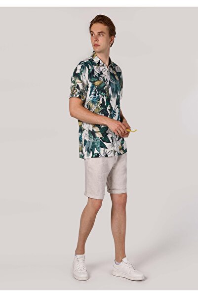 Colin's Regular Fit Viskoz Shirt Neck Baskılı Erkek Yeşil Kısa Kol Gömlek