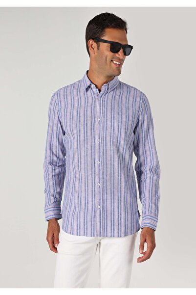 Colin's Regular Fit Shirt Neck Çizgili Erkek Mavi Uzun Kol Gömlek