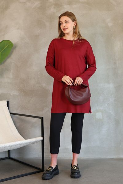 LUQAJ Modest Low Sleeve Burgundy Oversize Lycra Modal Combed Cotton Hijab Basic Tunic