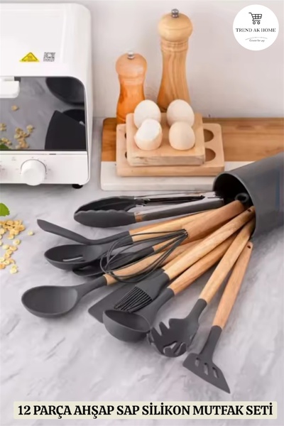 OSKAR FIRÇA Wooden Handle Heat Resistant Silicone 12 Piece Serving Spoon Set