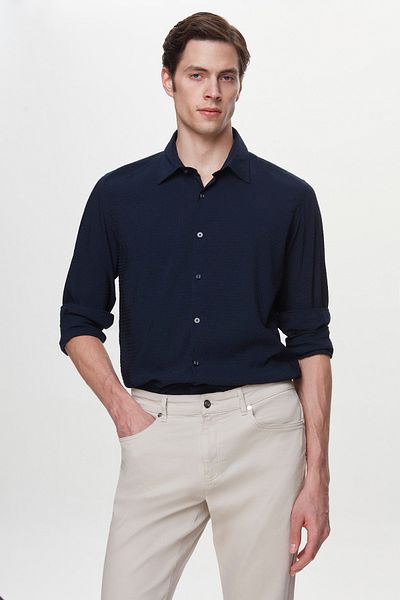 Twn Navy Blue Slim Fit Seersucker Easy Iron Shirt