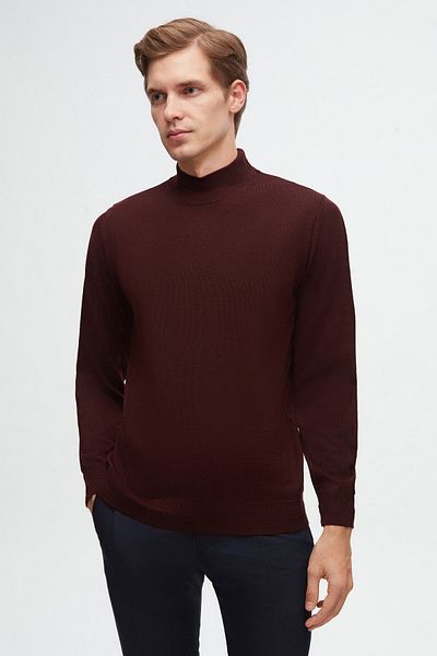 D'S Damat Ds Damat Regular Fit Burgundy Plain Knit Half Fisherman Wool Knitwear Sweater