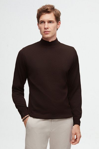 D'S Damat Ds Damat Regular Fit Brown Plain Knit Half Fisherman Wool Knitwear Sweater