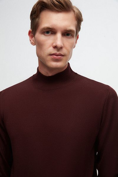 D'S Damat Ds Damat Regular Fit Burgundy Plain Knit Half Fisherman Wool Knitwear Sweater