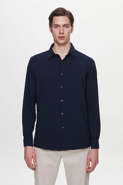 Twn Navy Blue Slim Fit Seersucker Easy Iron Shirt