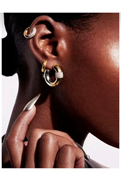 Ayşegülce Takılar Çift Taraflı Tek Taş Halka Küpe Özel Tasarım Altın Kaplama Kararmaz BYMEN