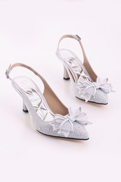 SHOESSHOPS Stylish Women's Heeled Shoes with Stone Bow Detail on the Front and Open Back