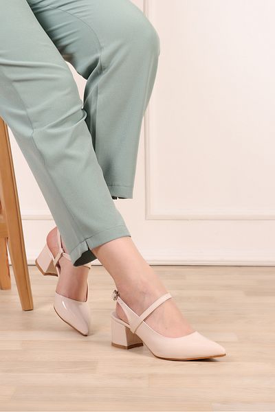 SHOESSHOPS Patent Leather Open Back Short Block Heeled Women's Shoes
