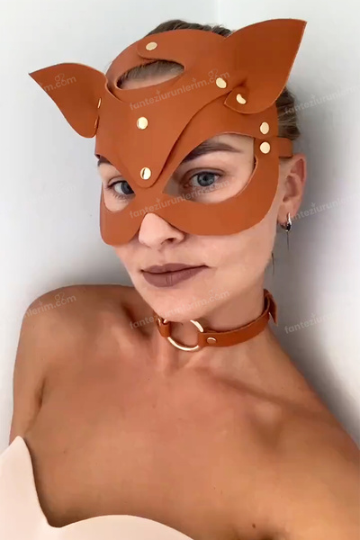 Sofya Passion Mască de piele cu aspect de pisică obraznică cu urechi, accesoriu pentru costum pentru joc de rol