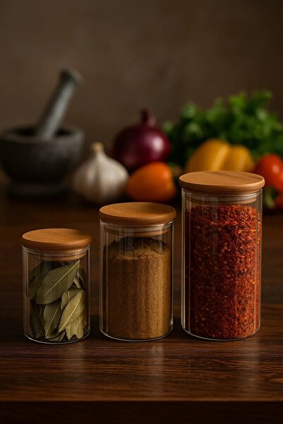 ZURİ DESİGN 3’lü Çizgili Cam Baharatlık Seti – Hava Geçirmez Bambu Vakum Kapa...