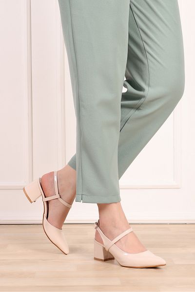 SHOESSHOPS Patent Leather Open Back Short Block Heeled Women's Shoes