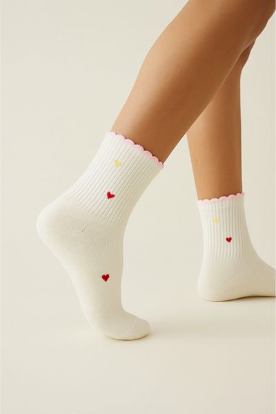Dore Original Women's Premium Cotton Soft Textured Comfort Model Pink Ruffled Heart Long Socks