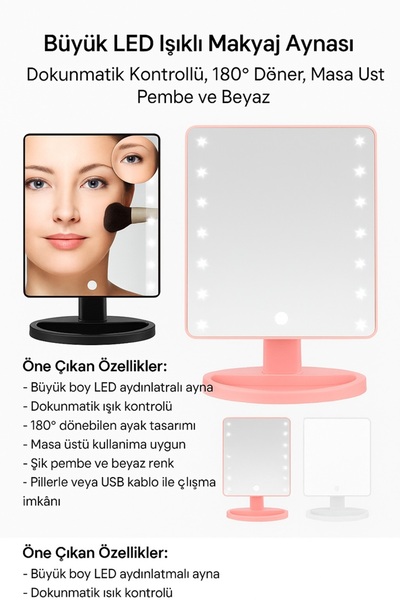 keyfisepet en keyifli sepet Büyük LED Işıklı Makyaj Aynası – Dokunmatik Kontr...