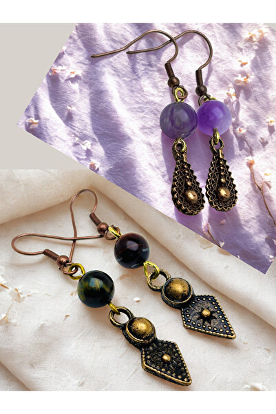 ayrestyle طقم أقراط من حجر الجمشت وعين النمر الطبيعي مكون من قطعتين - طقم أقر...