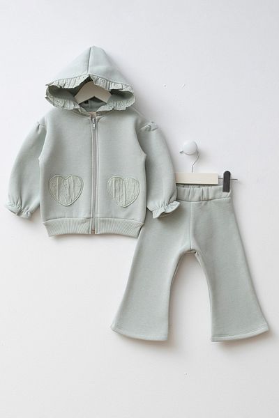 Minipodyum Hooded Heart Detailed Pocket Baby Girl Top and Bottom Set