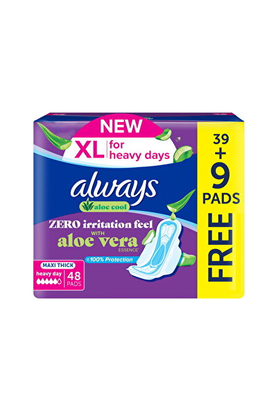 Always Aloe Cool XL Maxi Thick Pads for Heavy Days – 48 pcs, Full Coverage Comfort