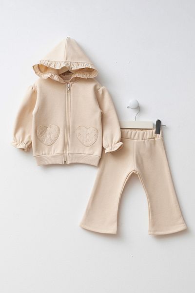Minipodyum Hooded Heart Detailed Pocket Baby Girl Top and Bottom Set