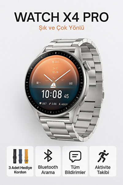 KETENOFFİCİAL X4 Pro Akıllı Saat Yuvarlak 3 Kordonlu İos/Android Uyumlu 46mm