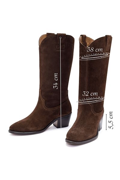 Derimod Women's Brown Thick Heeled Suede Leather Cowboy Boots 25Wfd140510