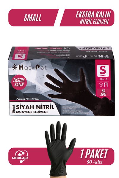 Has-Pet Extra Thick Black Nitrile Powder Free Exam Gloves 50 Pieces - Small