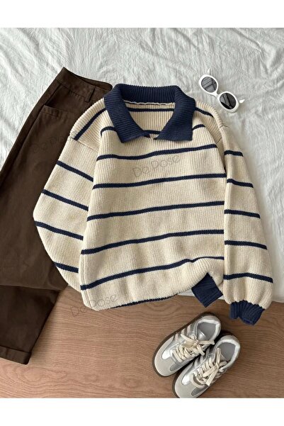 De Pose سترة تريكو نسائية كبيرة الحجم ذات ياقة بولو منسوجة باللون الأزرق الدا...