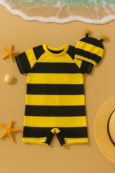 Mai Perla Children's Unisex Jumpsuit Swimsuit Bee Costume Patterned Back Zipper with Bonnet Gift Flexible and Comfortable 1-5 Years Old