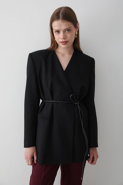 JASTE Women's Double Breasted Belt Detailed Oversize Blazer Jacket