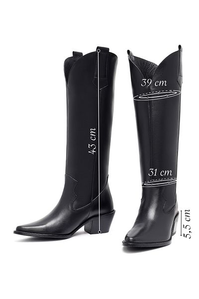 Derimod Women's Black Thick Heeled Leather Cowboy Boots 25Afd152918
