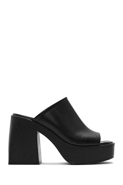 Derimod Women's Black Platform Thick High Heeled Leather Slippers 25Sfd132618