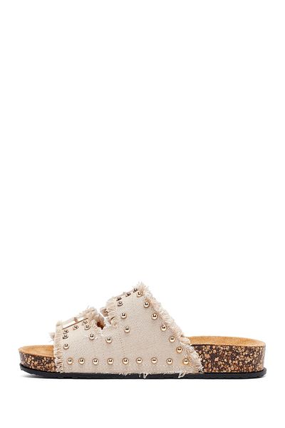 Derimod Women's Beige Stone Detailed Fabric Slippers 25Sfe40066F